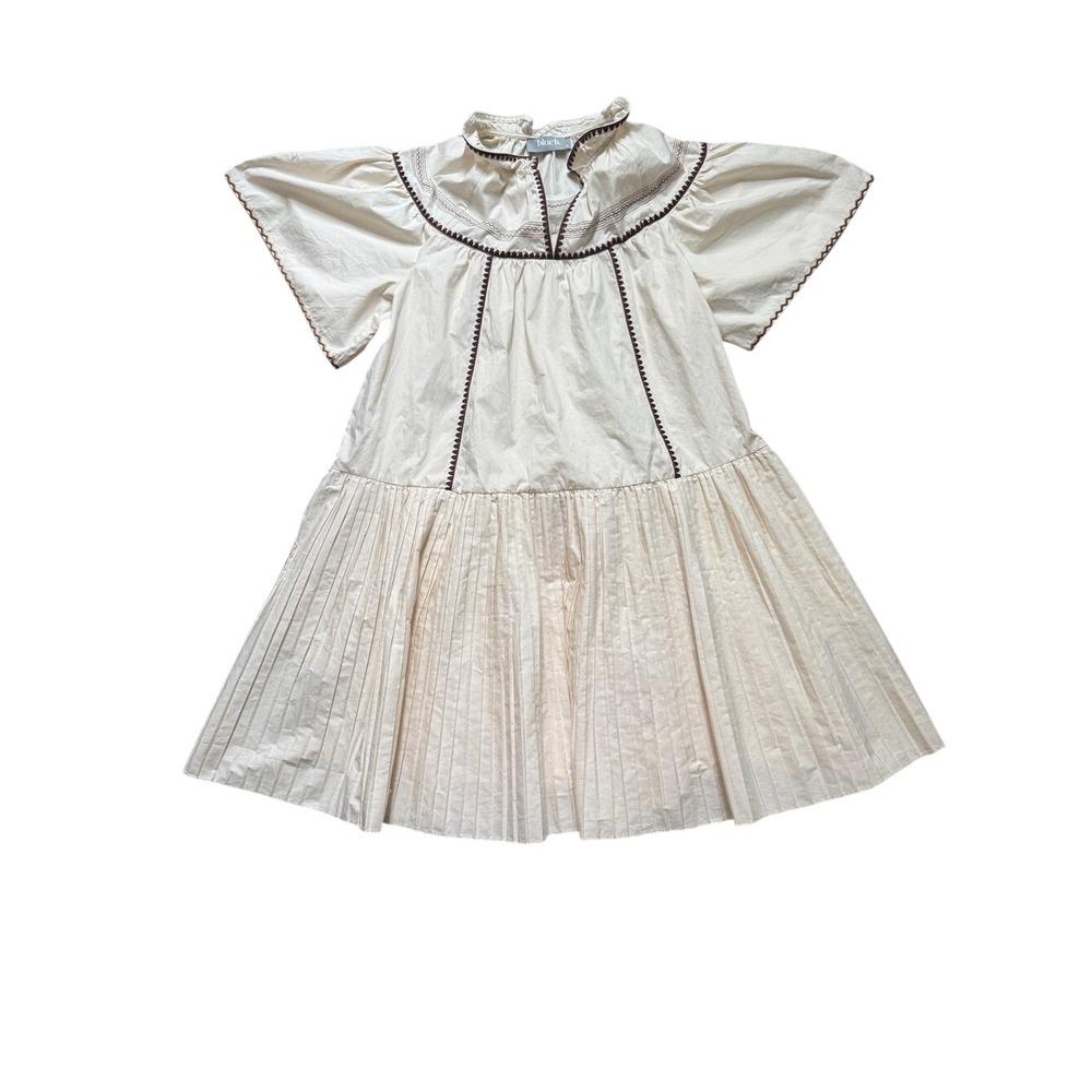 Blue B Cream Pleated Tiered Boho Babydoll Dress M Euro Summer Western Coastal - Picture 2 of 9